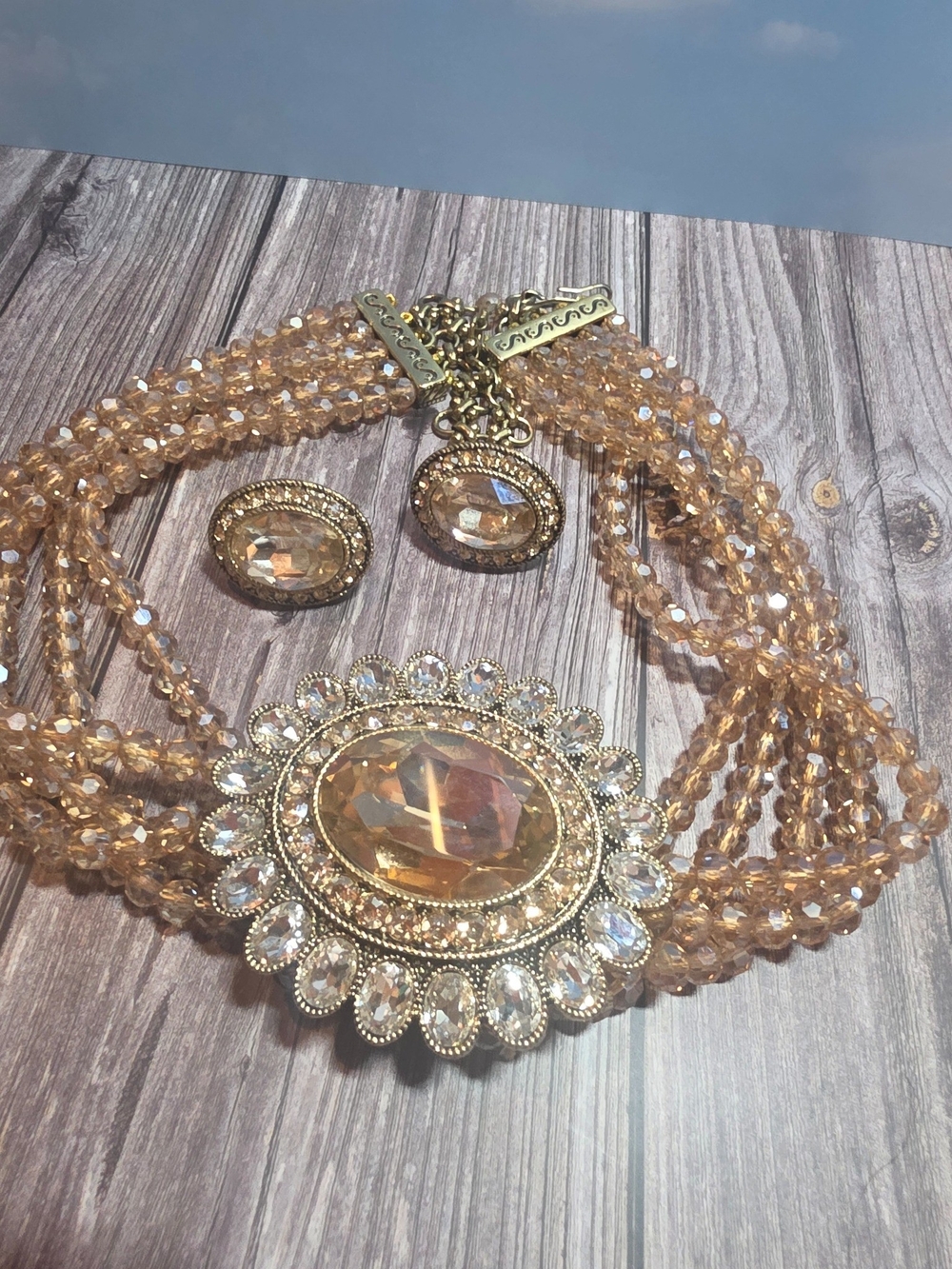 💎 HEIDI DAUS CHAMPAGNE CRYSTAL STATEMENT NECKLACE & EARRINGS SET 💎